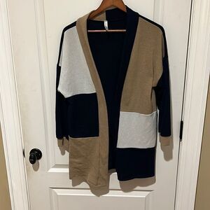 Emerald Blue and Tan Color-blocked Cardigan